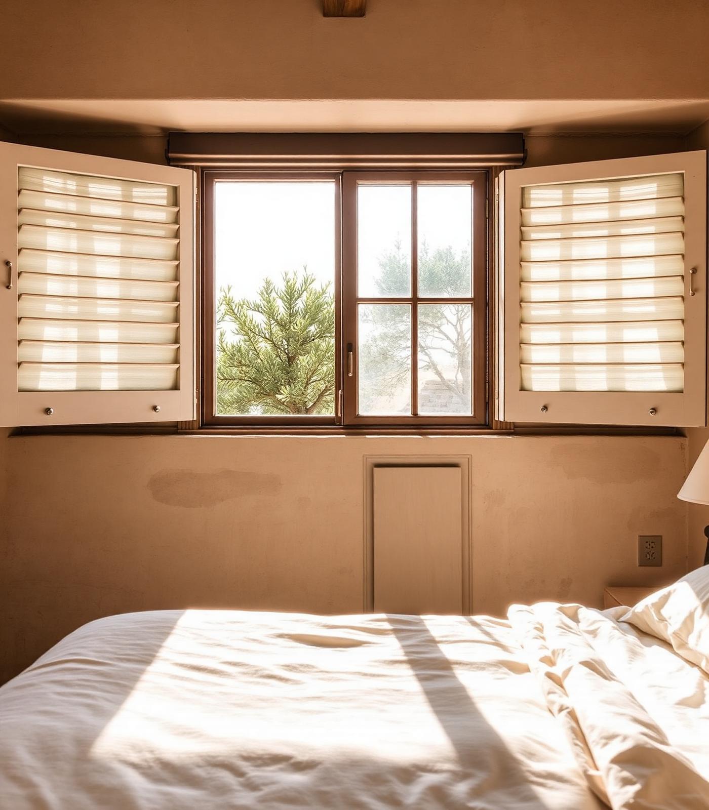 Sunlit stone bedroom with linen bedding and open shutters